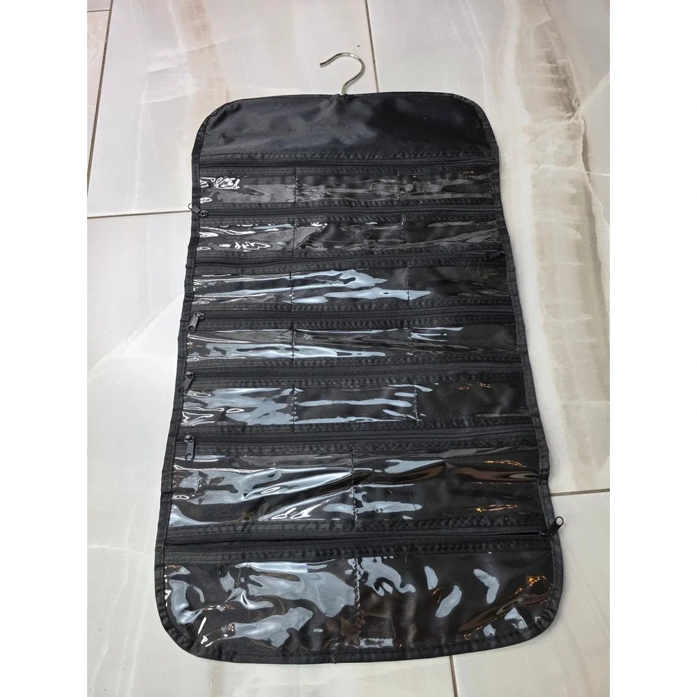 Black Hanging Jewelry Organizer Zippered Clear Pockets‎ Travel Storage 23x13 S3